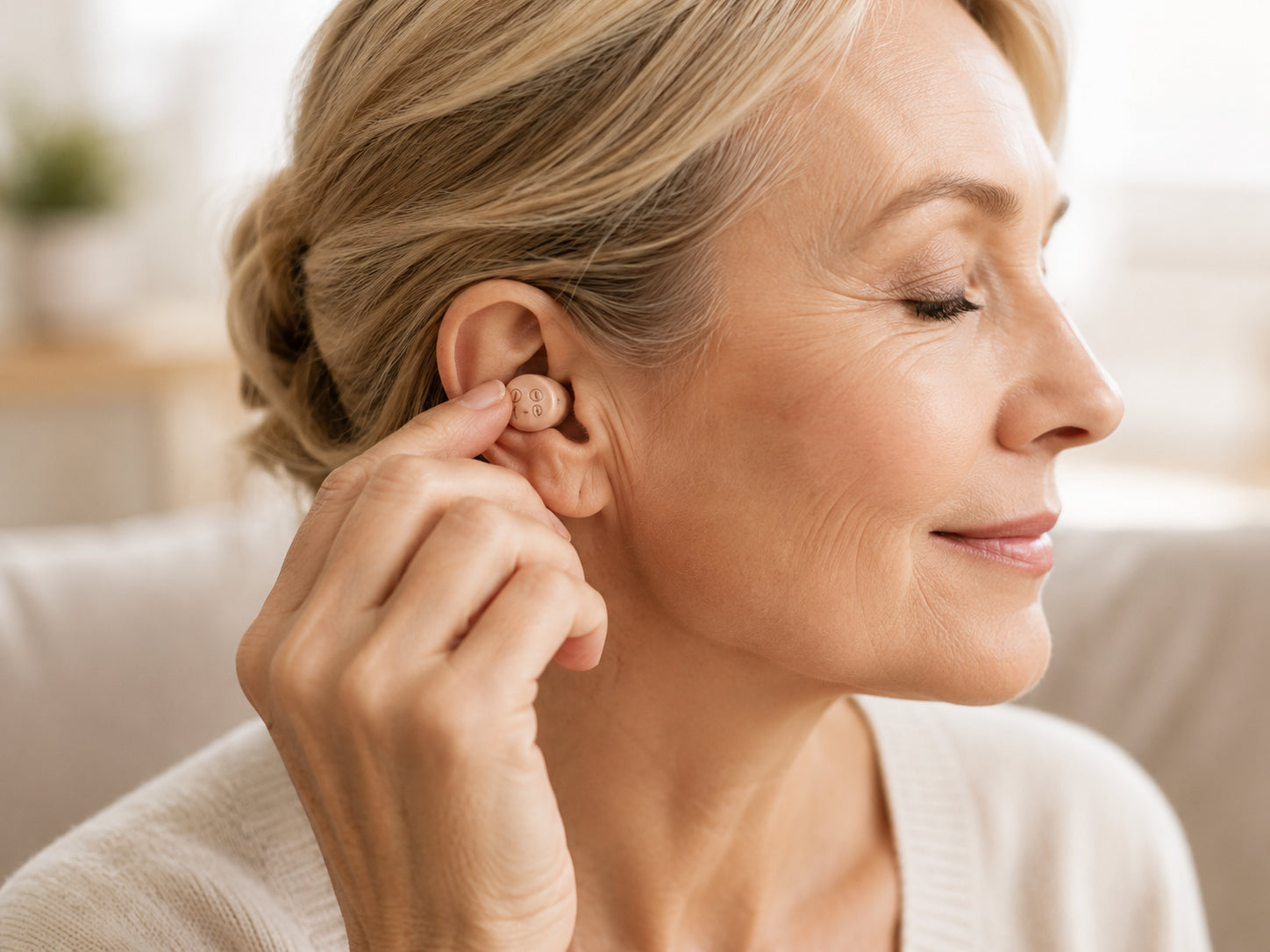 Woman placing discreet hearing support in her ear